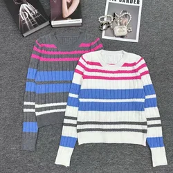 2024 Autumn New Contrasting Striped Round Neck Pullover Sweater Knitted Long Sleeved Loose And Versatile Cotton Tops F810