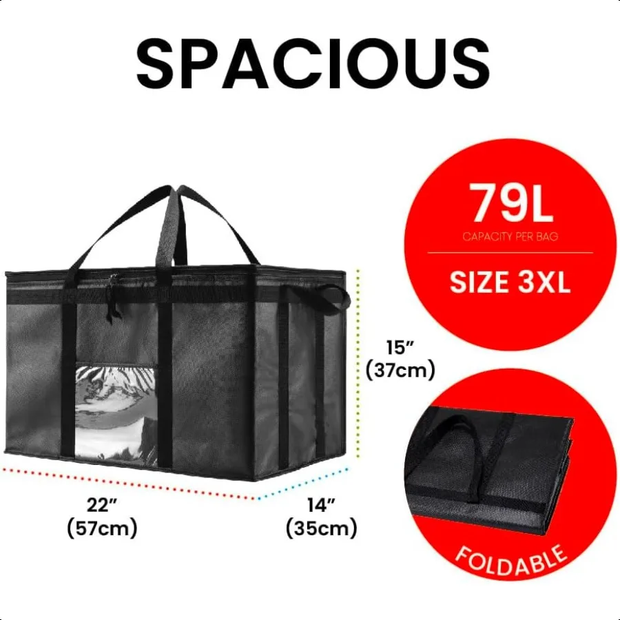Borsa termica termica 3XL e scaldavivande per la consegna di generi alimentari con parte superiore con cerniera nera 1 confezione