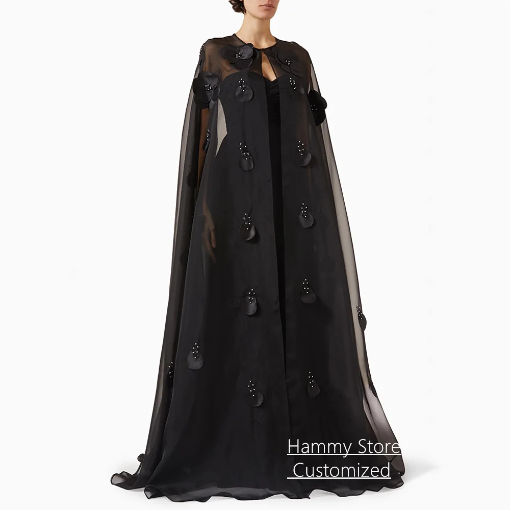 

Evening Dress with Cape Customized Sweetheart Sleeveless Pleat Floral Beading Sweep Train Black Prom Gown Party Dresses