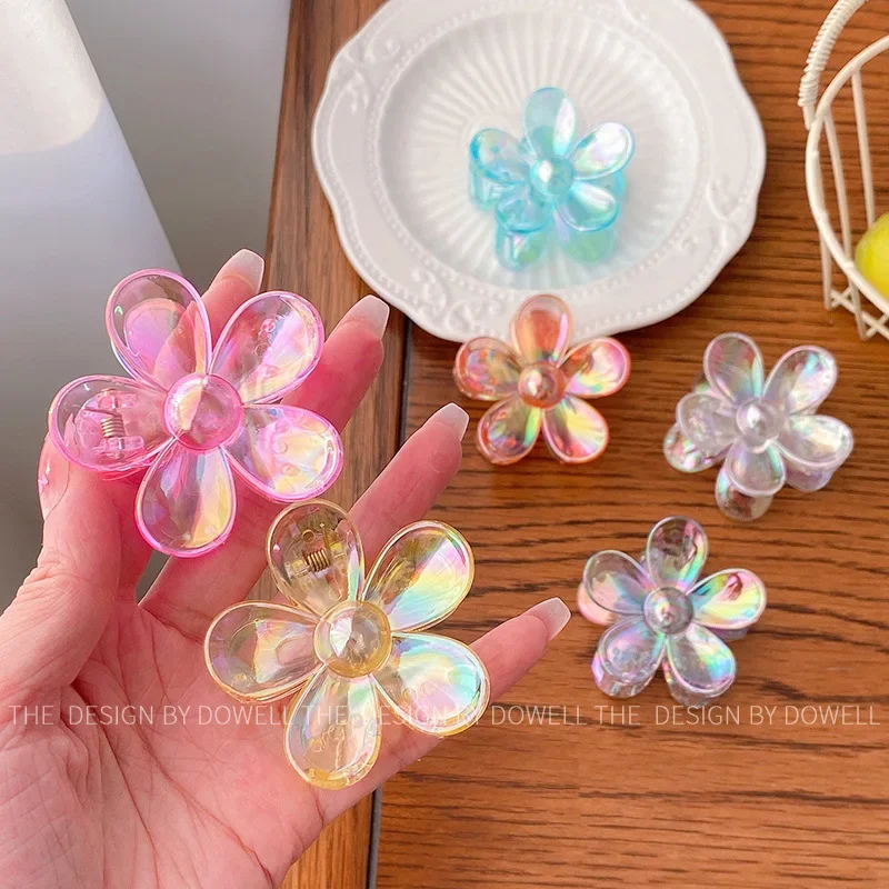 Fashion New Dazzling Color Transparent Flowers Hair Claws Medium Claw Clip for Women Girls Elegant Ponytail Barrettes Headdress