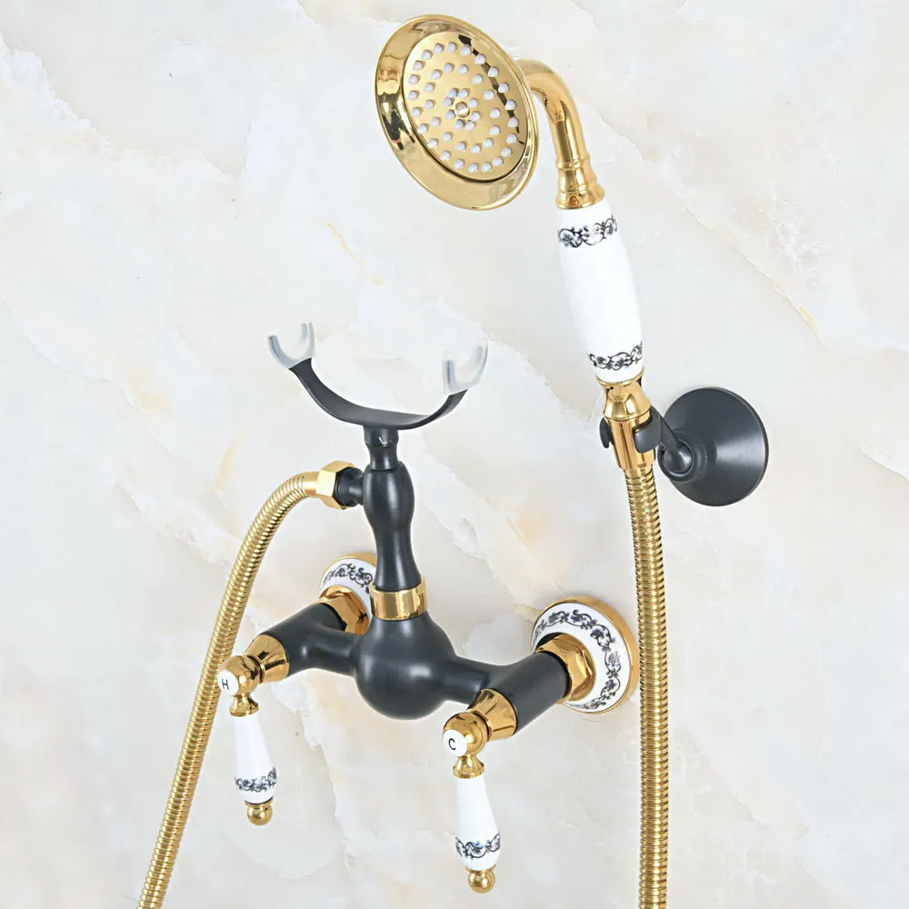 

Black Oil Rubbed & Polished Gold Brass Wall Mounted Bathtub Faucet with Handheld Shower Set +150CM Hose Mixer Tap 2na559