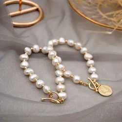 DAINASHI 7-8mm Baroque Natural Freshwater Pearl Charm Bracelet for Women OT Clasp Women's Hand Bracelet Jewelry Gifts