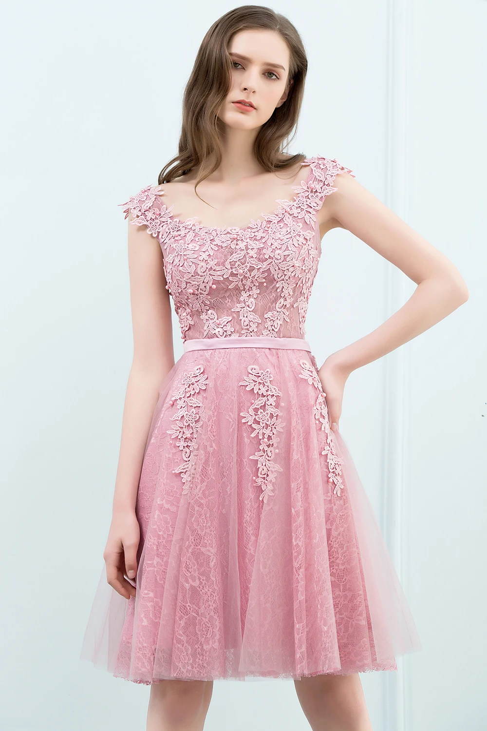 Short Evening Dresses  Underlaid V-neckline Floral Embroidery Pearls Beads Top Deep Back A Line Knee-Length Gown Prom Party