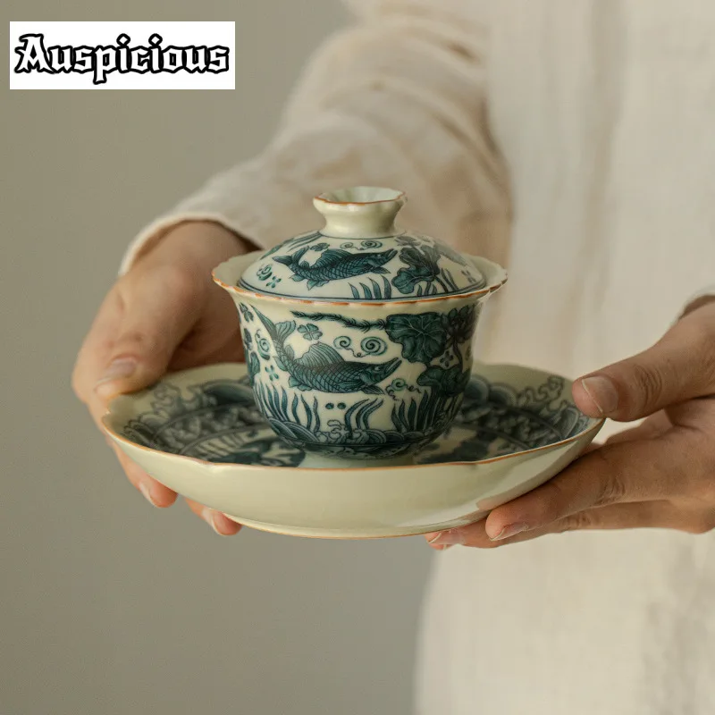 Ru Kiln Sancai Cover Bowl Zen Fish And Algae Patterns Tea Tureen Ceramic Flower Petal Gaiwan Boutique Tea Maker Cafes Craft Gift