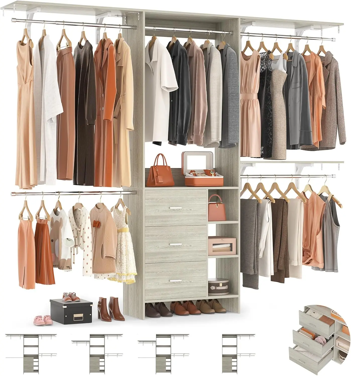 Aheaplus Closet System, Closet Organizer With 3 Wooden Drawers, 8Ft Closet Organizer System, 96’’ Walk-In Closet Wardrobe