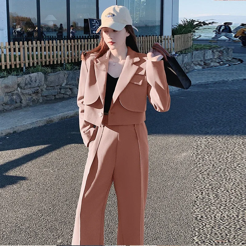 Insozkdg Spring British Style Short Trench Coat Wide Leg Pant Set Retro Casual Solid Color Loose Fitting Suit Pants 2-piece Sets