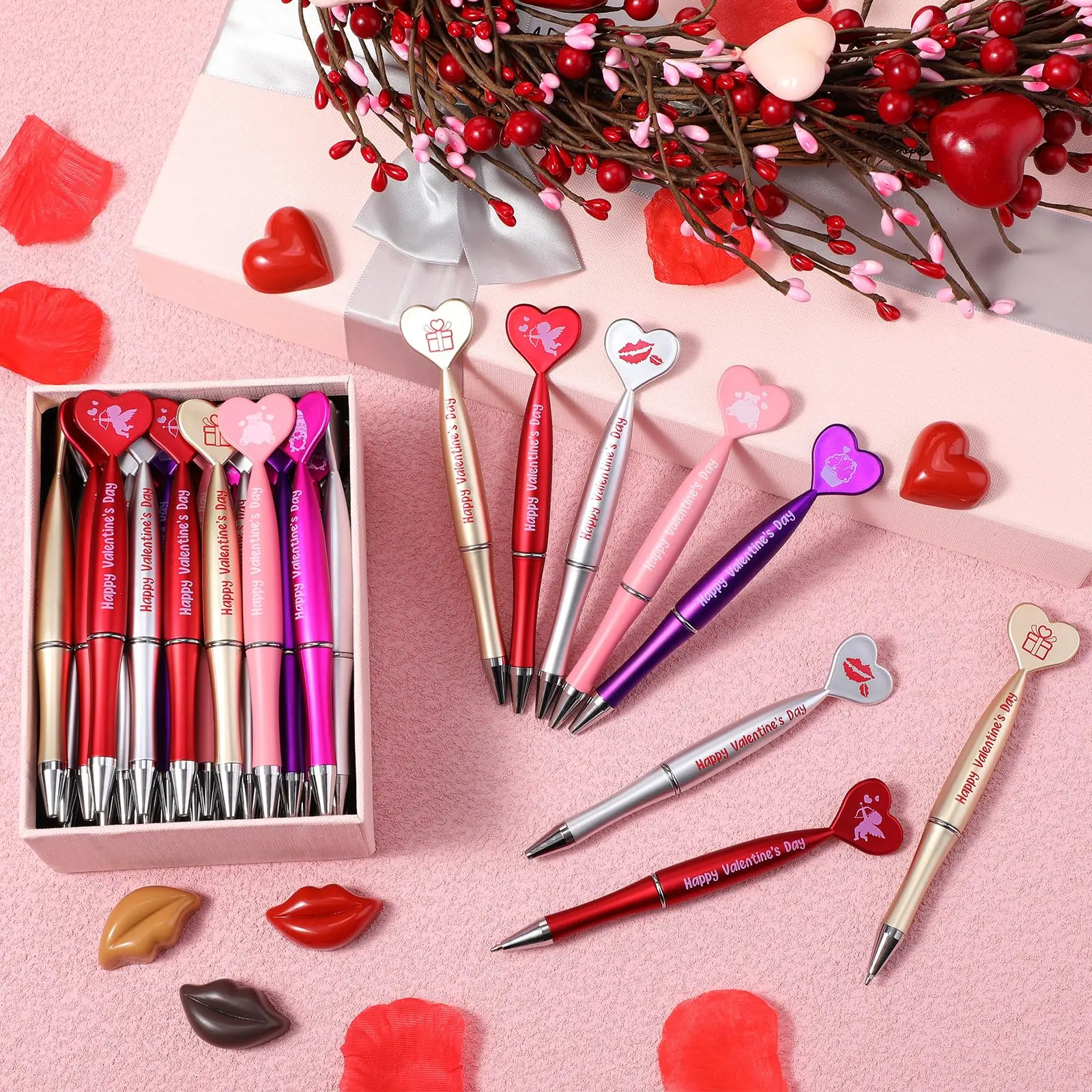 60Pcs Valentine\'s Day Heart Shape Pens Black Gel Ink Rollerball Pens for Office School Supplies Birthday Presents ballpoint pen