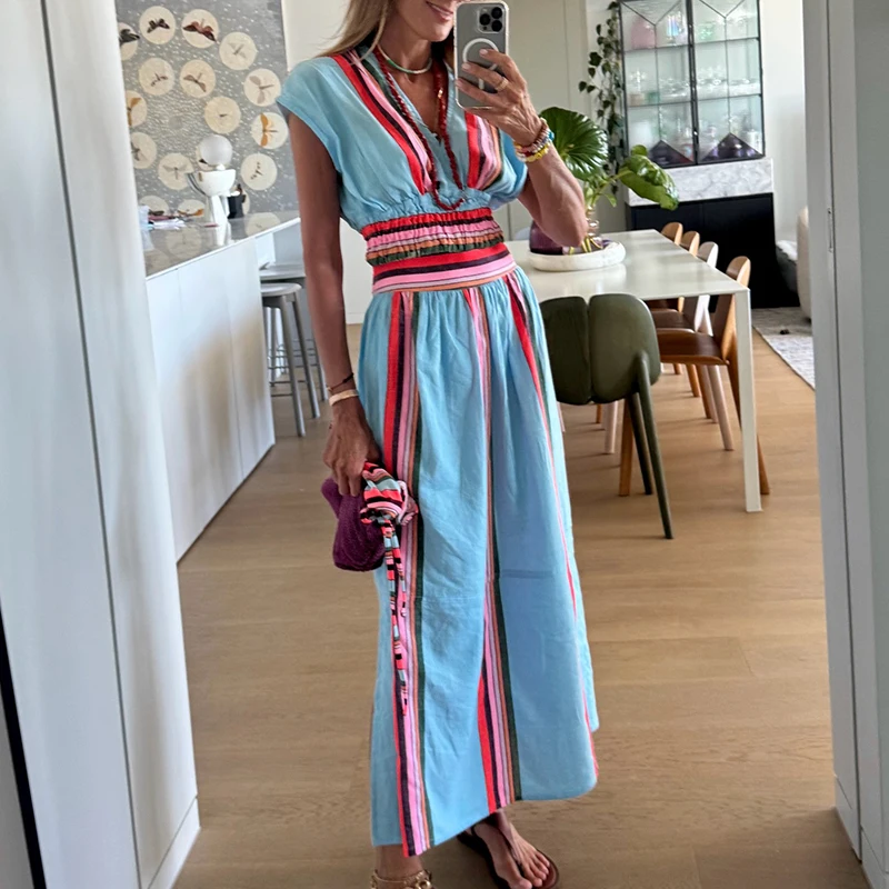Elegant Color Blocked Beach Two Piece Hawaii Vacation Casual Women Outfits Summer New V-neck Sleeveless Tops&Wide Leg Pants Sets