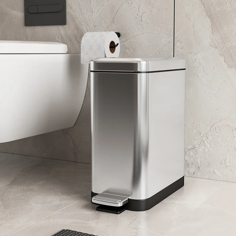 Garbage Bin Household Kitchen Living Room with Lid Narrow Seam Stainless Steel Foot Covered Bathroom Toilet