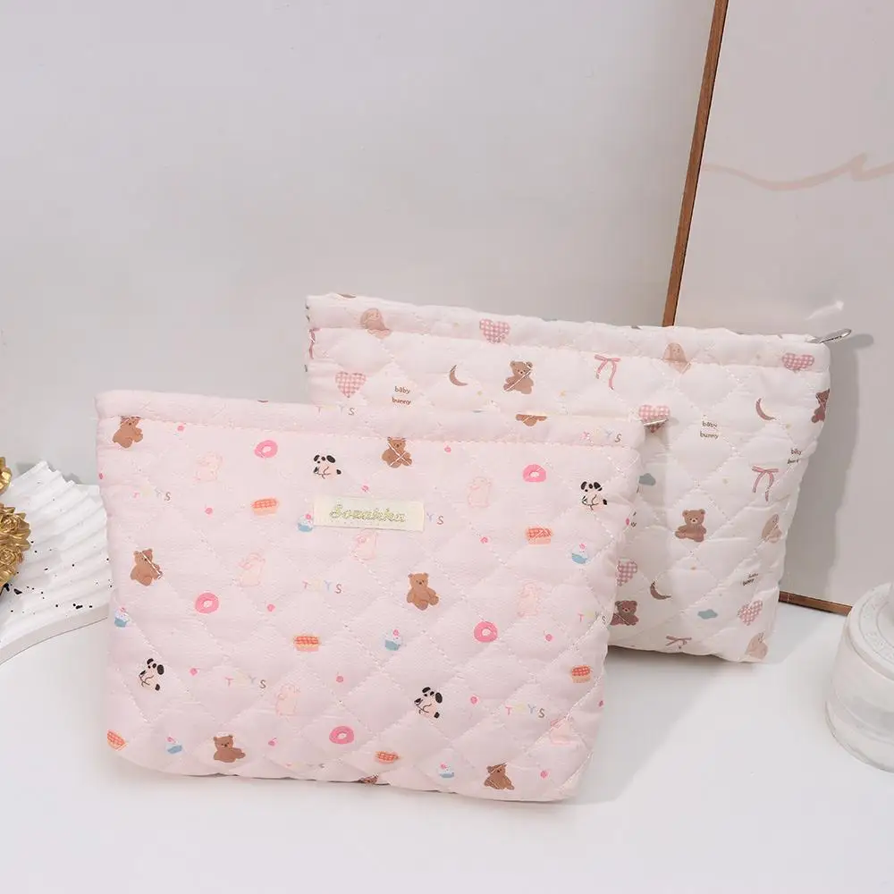 Bolsa de cosméticos acolchada de color rosa para mujer, estuche de maquillaje de tela de doble capa suave y transpirable, bolsos con cierre de cremallera, bolsa de mamá