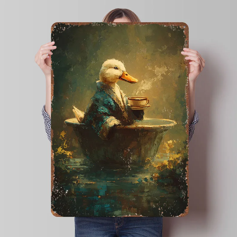 Duck in Bathrobe With Coffee Poster Customized Wall Art Vintage Metal Signs Retro Tin Plaque for Man Cave Desk Decor House Room