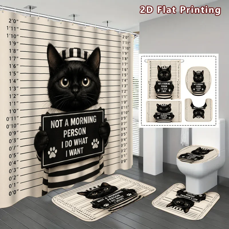 4pc 2D Flat Funny Prison Cat Shower Curtain Set,Black & White Paw Print Design,Mats & Toilet Cover,Bathroom Decor for Cat Lovers