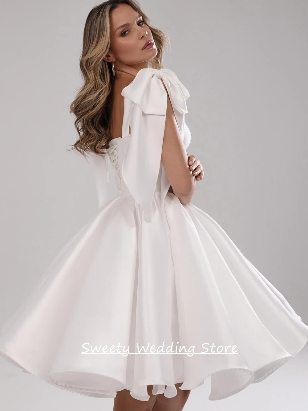 Customized Short Wedding Dress Sexy Sleeveless Squre Neck Bow Little White Gown Mikado Satin Mini Woman Corset Bridal Gown