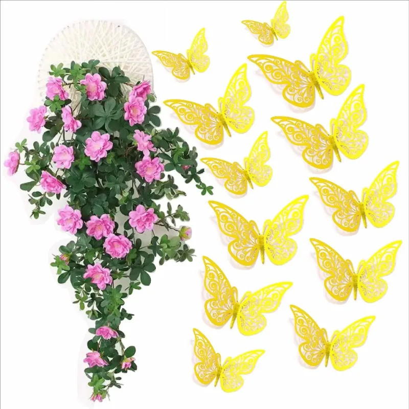 12Pcs Artificial Butterfly Happy Birthday Cake Topper Gold 3D Butterflies Cupcake Top for Wedding Party Baking Dessert Decor