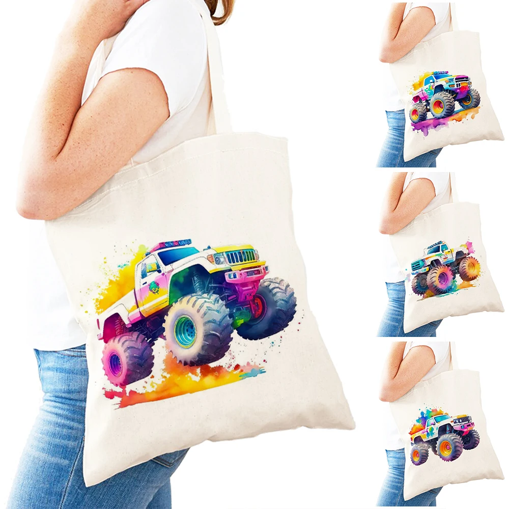 

Fashion Colorful Monster Truck Art Lady Shopper Bags Vibrant Women Daily use Shoulder Handbag Rainbow Vehicle Girl Shopping Bag