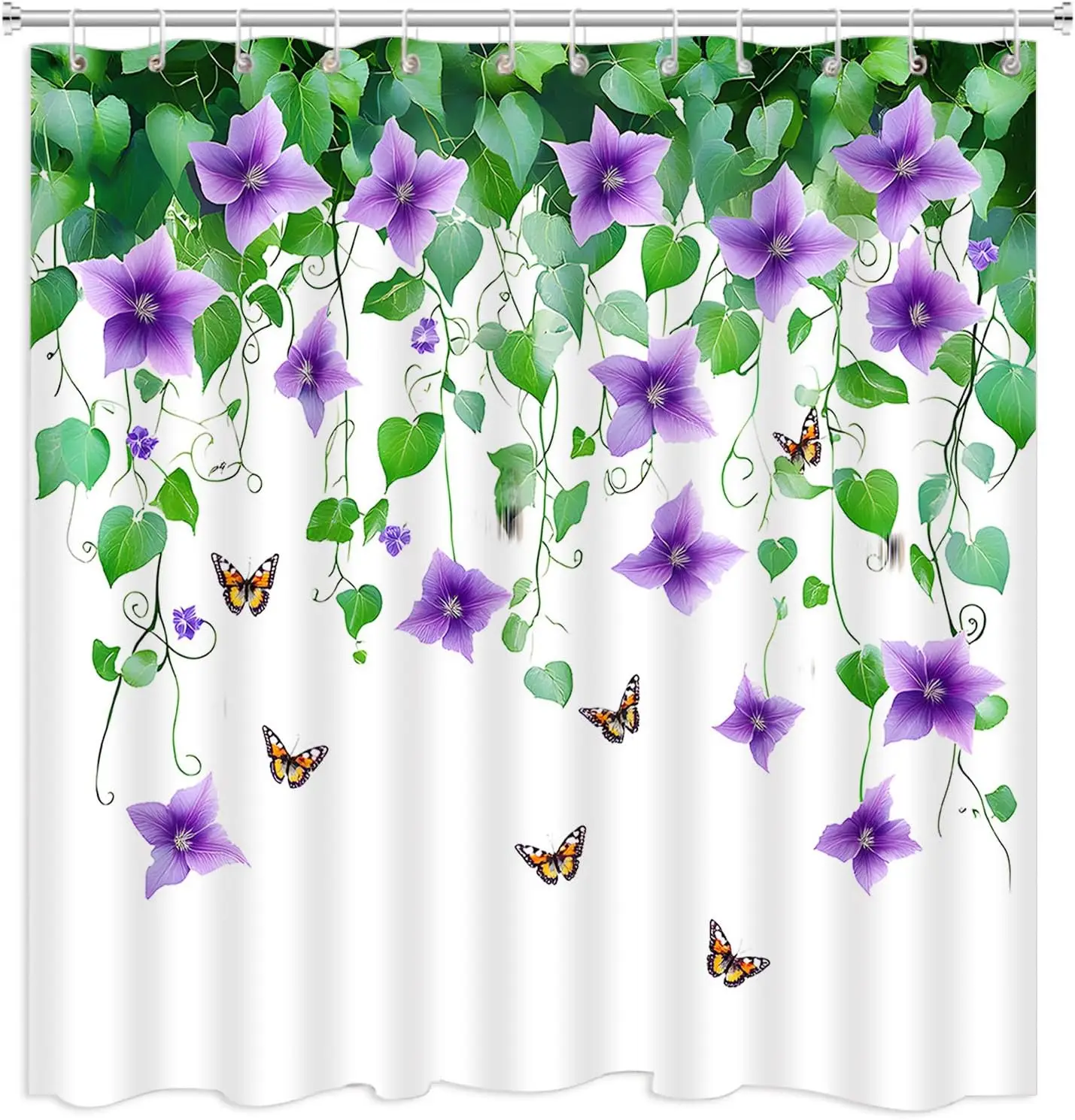 Purple Floral Shower Curtain Green Leaves Vines Butterfly Rustic Farmhouse Flower Plants Spring Nature Bathroom Decor Polyester