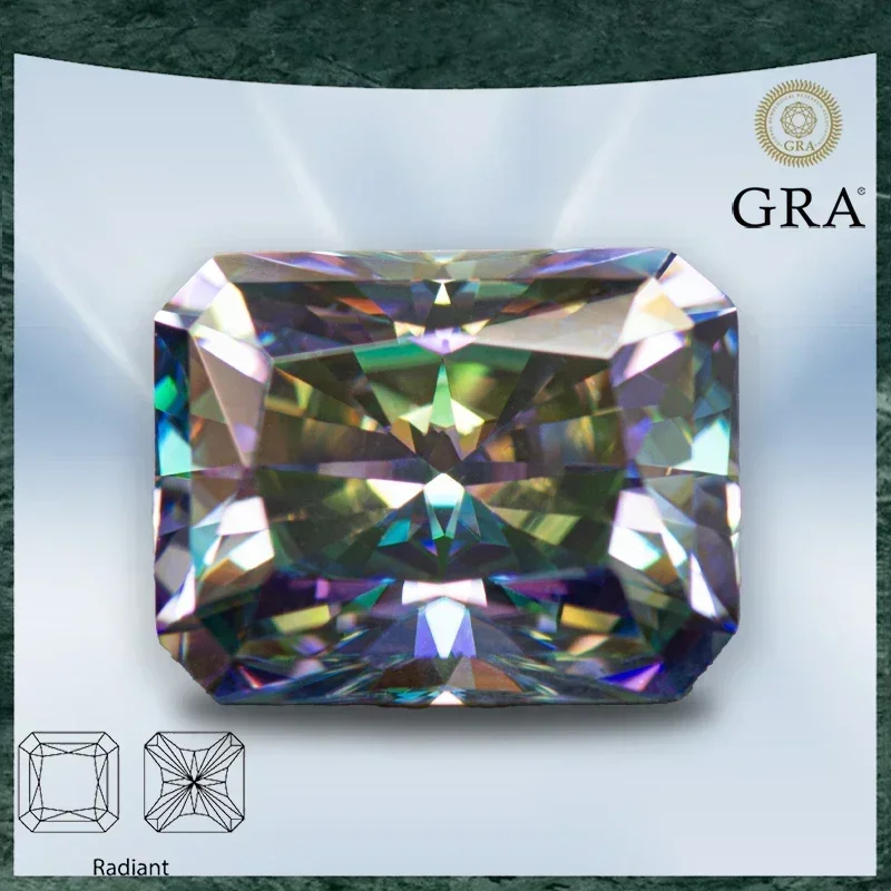 

Moissanite Stone Radiant Cut Rainbow Green Color VVS1 with GRA Certificate for Gemstone Charms Beads Top Jewelry Making Material