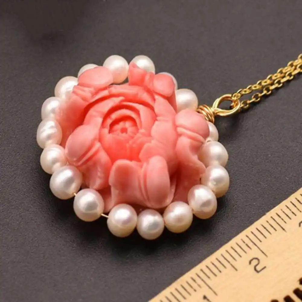 2022 New Natural Freshwater pearl pink coral flower pendant Crystal Reiki Chakra Jewelry Silver Beads Tibetan Energy Charm