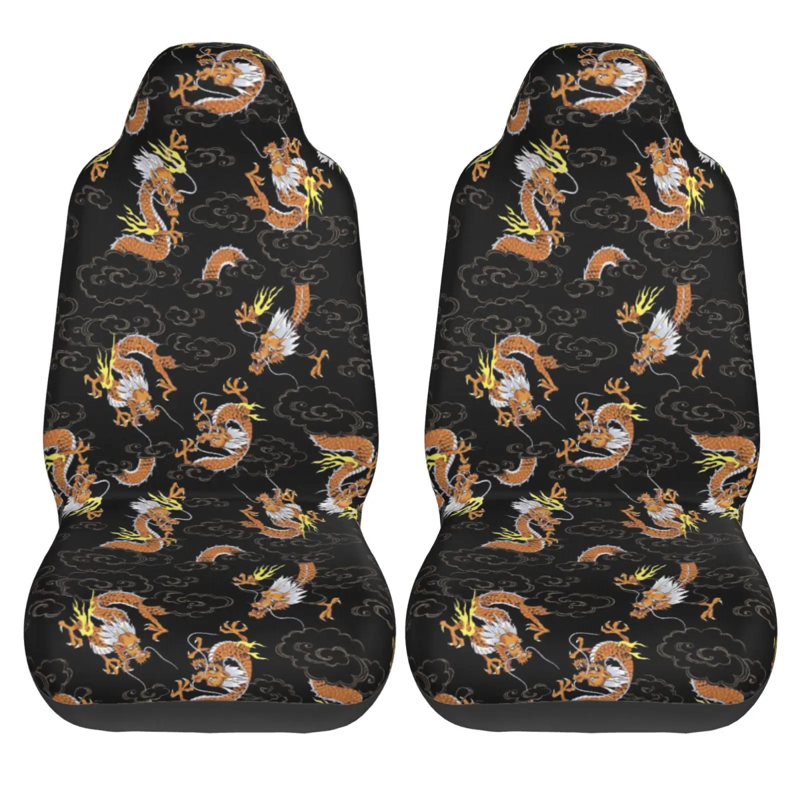 Funny Chinese Dragon Pattern Print Car Seat Covers Set 2 Pcs Elastic Auto Interior Car Accessories Protectors Non-Slip Auto Cove