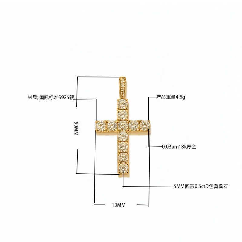 

Ожерелье с подвеской в виде креста из муассанита, стерлинговое серебро S925, позолота 18 карат, 50x13 мм, подвеска с крестом из полной дрели, 5 мм, круглый цвет 0,5 карата D