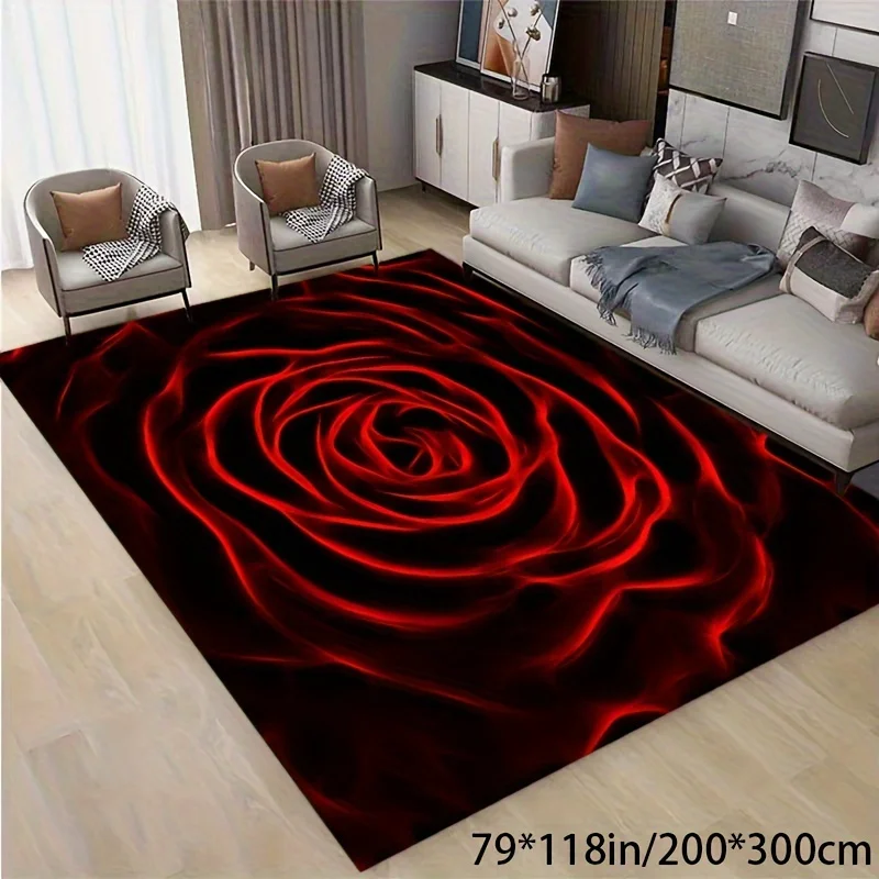 Modern Nordic Red Rose Printed Area Rug, Washable Non‑Slip Decor Floor Mat for Indoor Home Decoration