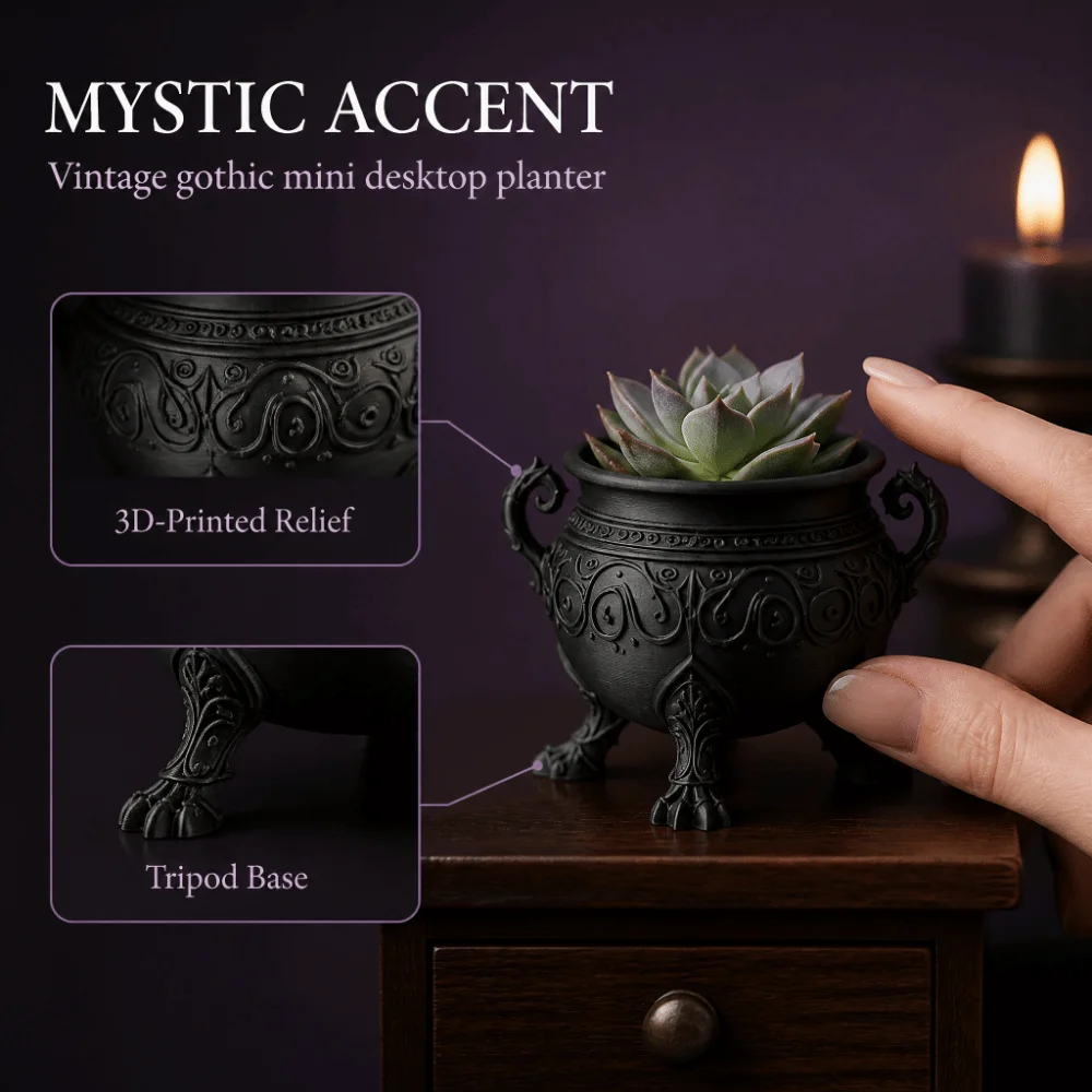 3D Printed Gothic Cauldron Planter Pot Dark Aesthetic with Three Legged Cauldron Storage Pot Plastic Dual Curved Handles