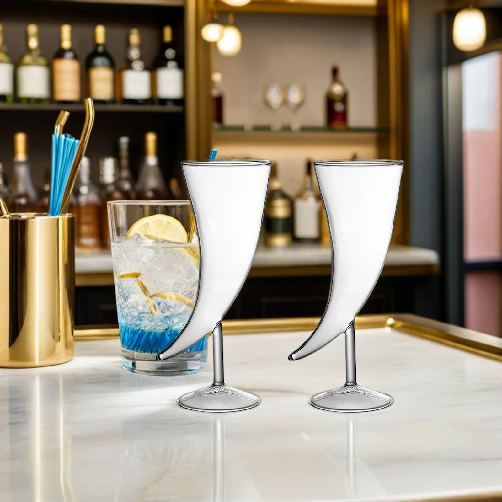 

2Pcs Transparent Glass Horn Goblet Creative Design Cocktail Wine Glasses Stable Non-Slip Base Home Office Restaurant