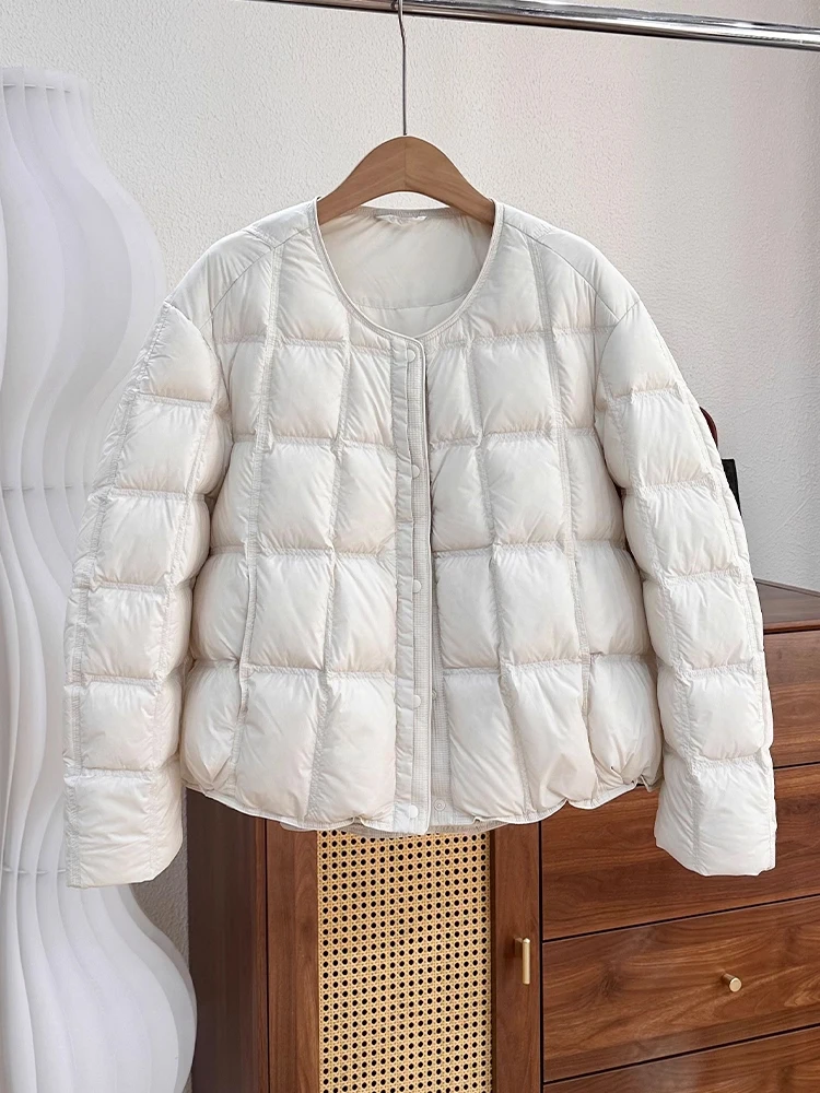 Warm Cotton Jacket Pure Color Atmosphere Tofu Block Design Winter Fashionable Top for Women Straight Cut Long Sleeve round Neck