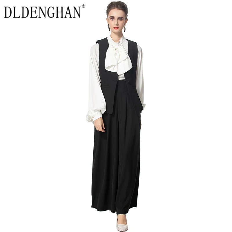 DLDENGHAN Women Single Breasted Vest+Lantern Sleeve Pullover Shirt+Wide leg Pants England Style 3 Piece Set  Fashion Autumn New