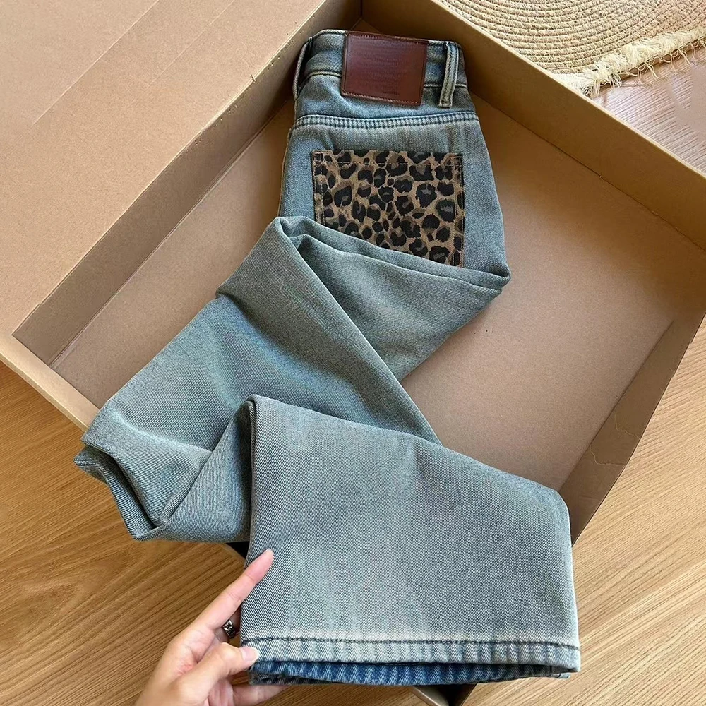 المرأة ليوبارد طباعة التصحيح جيب الجينز الشتاء سميكة الدافئة المخملية أفخم الدنيم السراويل موضة عالية الخصر مستقيم فضفاض بنطلون