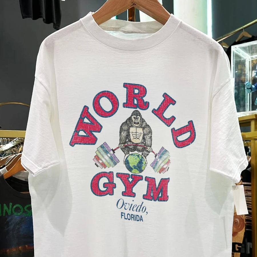 1989 World Gym Oviedo, Florida Rare Washed White Tshirt Y2K Style Underground Print Loose Fit Retro Summer