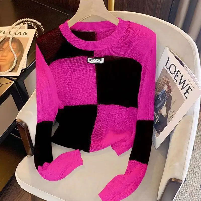 

Color Blocking Shoulder Pad Thin Knitted Sweater Women Spring Autumn Hollowed Out Niche Long Sleeve Base Shirt Chic Winter Top