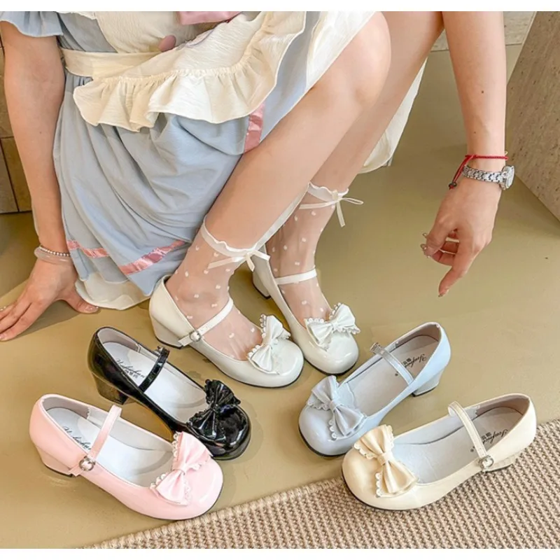 

New Cute Butterfly-knot Women Lolita Mary Jane Shoes Concise Thick Heel Leather Shoes Ladies Shallow High Heel Pumps