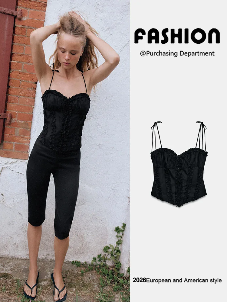 New Summer Women's Decorative Layered Design Strap Top Slim Fit Short Sleeveless V-neck Chinese Style Clothing