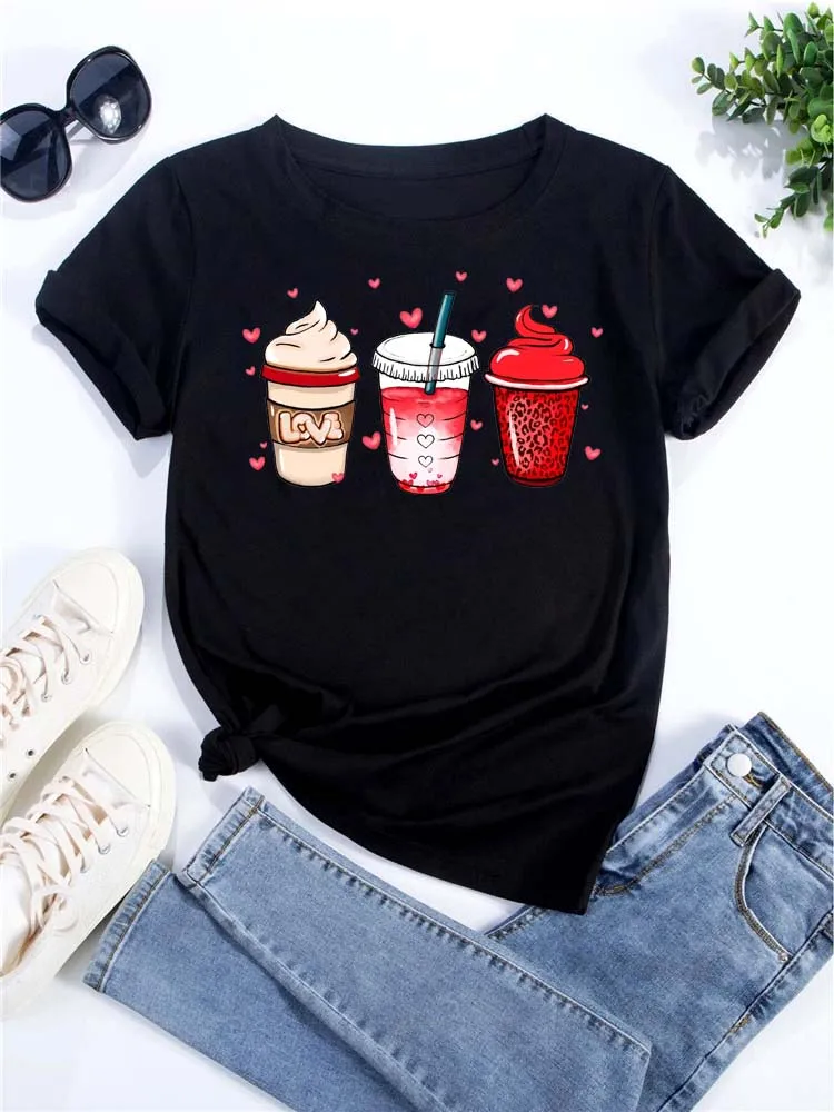 Maycaur Women\'s Oversized T-shirt Tee Korean Fashion Coffee Cup Print Graphic Female Clothes Valentine\'s Day Tops Lover T Shirts