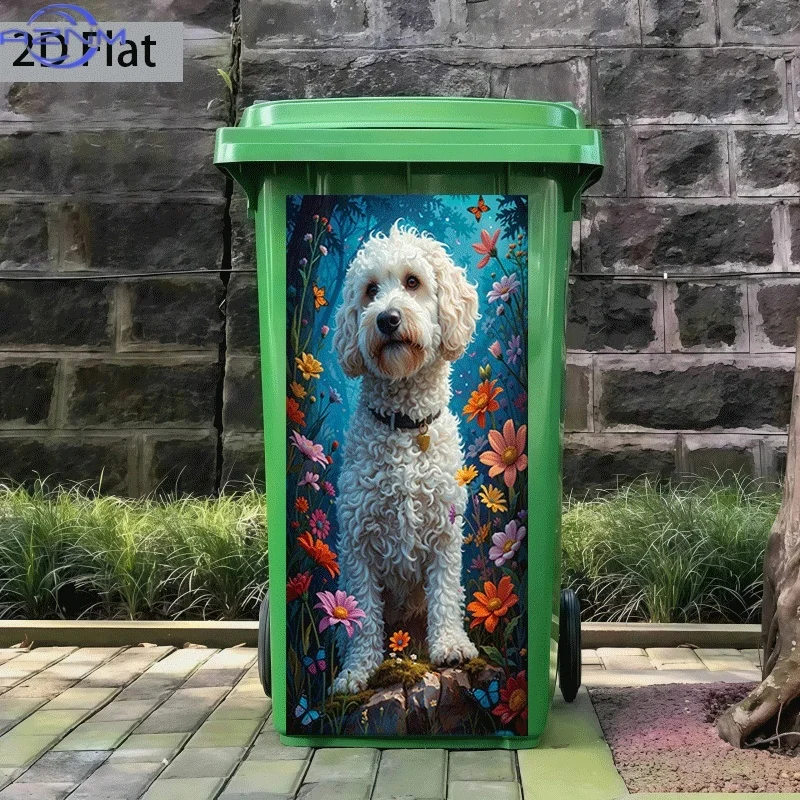 Trash Can Sticker Poodle in Flowers Theme Design Self-Adhesive Wall Decal Wallpaper Suitable for Trash Cans, Walls, Home Deco