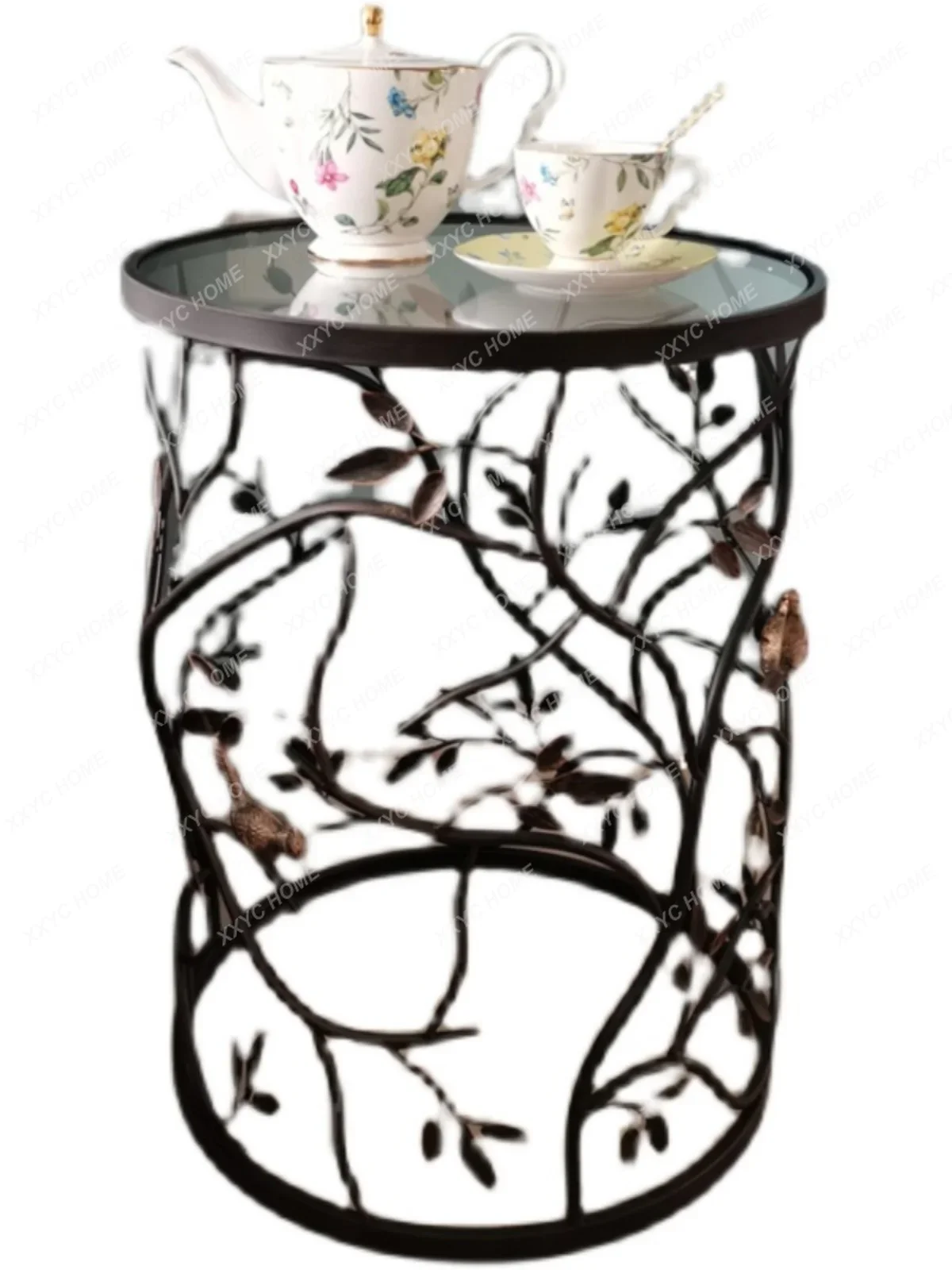 Wrought Iron Distressed round Tea Table Glass Tempered Balcony Table Corner Table