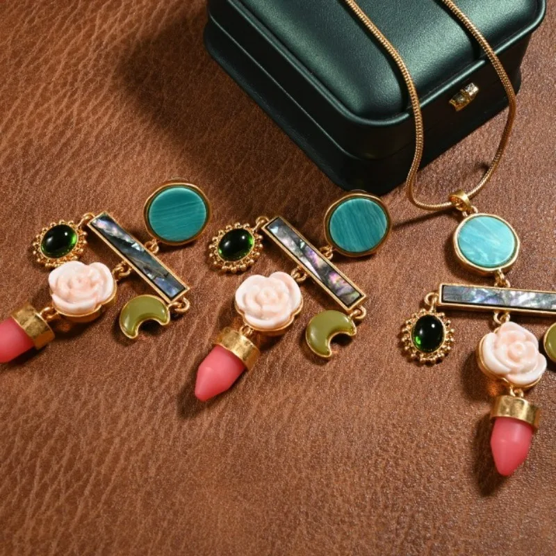 

Retro Dissymmetrical Tassels Natural Stone Shells Dangle Earrings Boho Exquisite Necklace Niche Design Unique Sense Set Jewelry