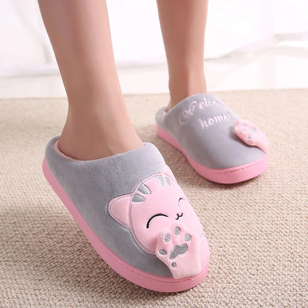 Women Winter Home Slippers Cartoon Cat Non-Slip Warm Indoors Bedroom Floor Shoes Zapatos Mujer 2024 Tendencia