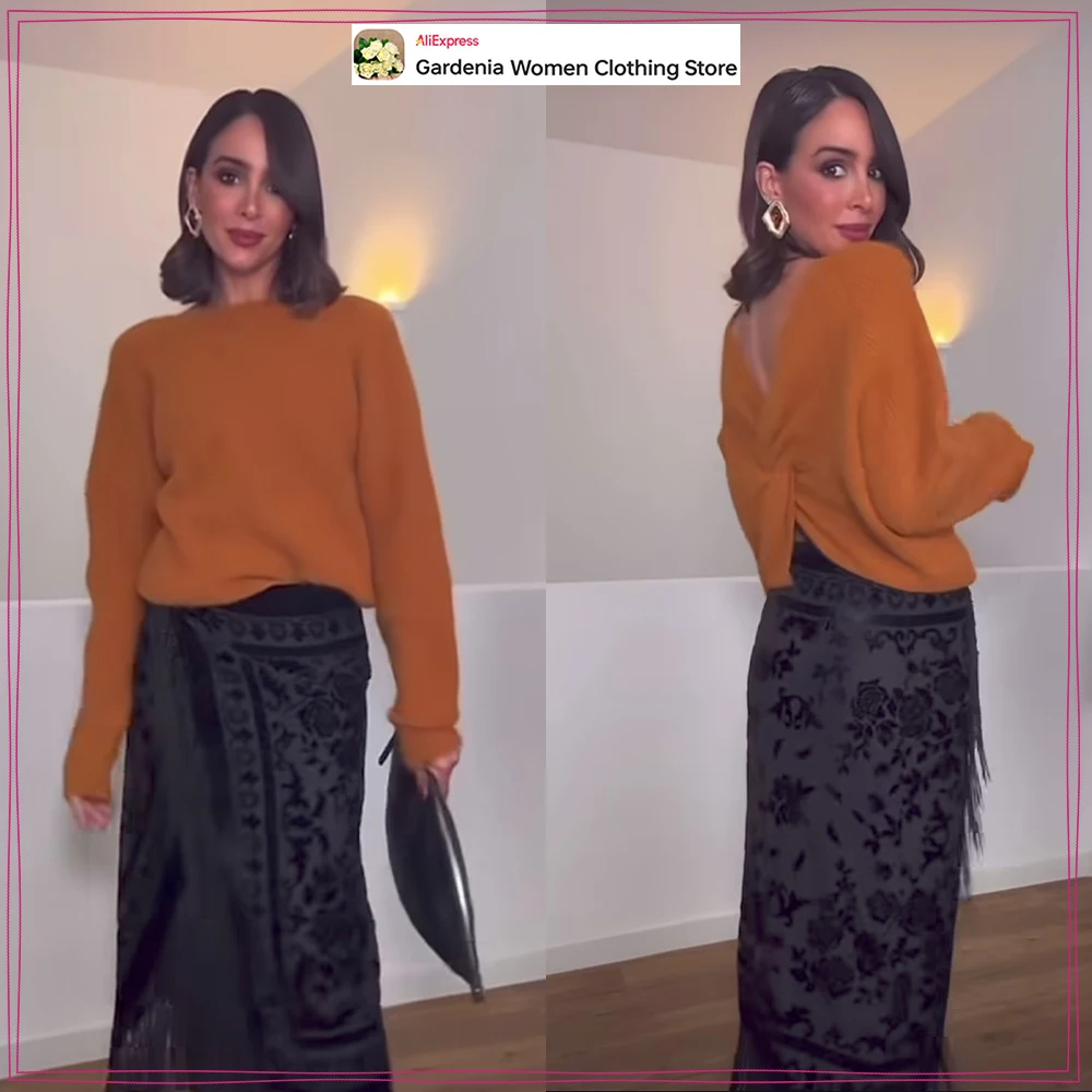 

New in Autumn Casual Knit Jumper for Women with Back Knot Elegant Chic Round Neck and Long Sleeves Sweater with Knot on The Back