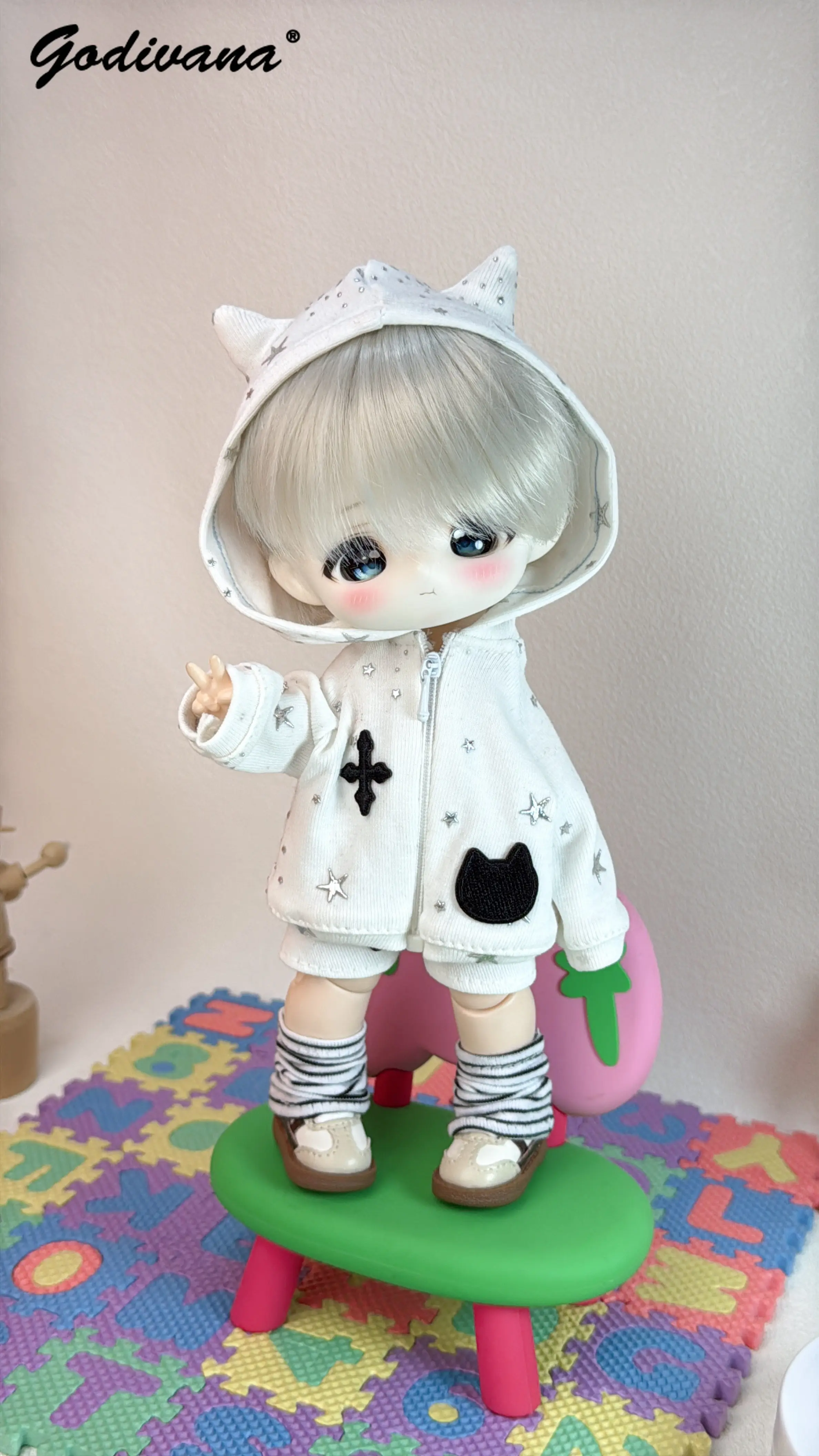 BJD 1/6 Doll Outfit Cat Ear Hoodie Zipper Jacket Shorts Strapped Socks Three Pieces Set Cute Street Style Clothes for 1/6 BJD