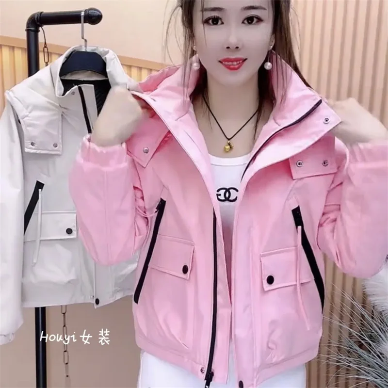 Versatile Short Zipper Jacket Assault Suit With Hood Stylish Big Pockets Personalized And Trendy Explosive Street Spring Pink