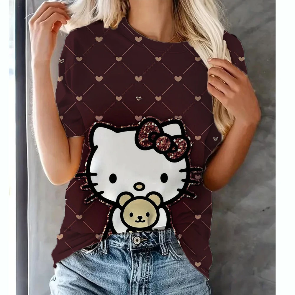 Hello Kitty Tops Trend Clothing Women\'s T shirts Fashion Streetwear Woman Tees Short Sleeves T-shirt Casual Girls Bow knot Top