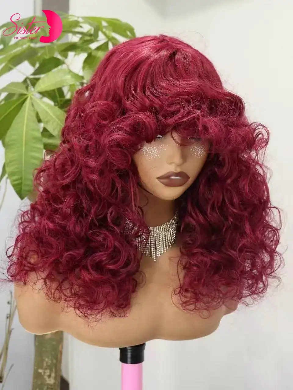 18inch 300% Density Burgundy 99J# Bouncy Loose Human Hair Wigs with Bangs Machine Made Loose Curly Brazilian Hair Wigs for Women