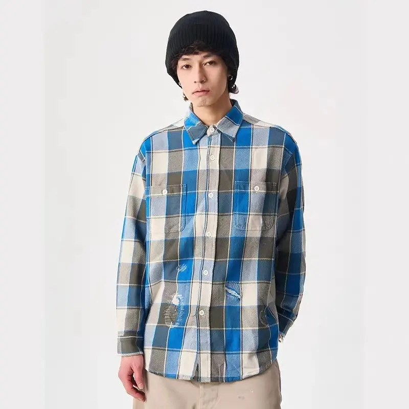 

РЕМОНТ BOW AGEINGIRTS Винтажные потертые клетчатые утюги свободного покроя Long Sve Cotton Thiened осень-зима мужские утюги