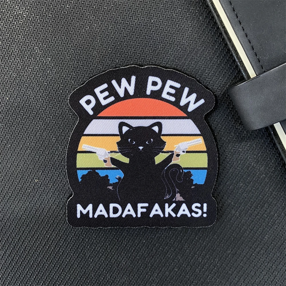 PEW PEW Madafakas AKA Cat Funny Patch Double-gun Black Cat Armband Morale Outdoor Military Fans Backpack Sticker Hook&Loop Badge view 5