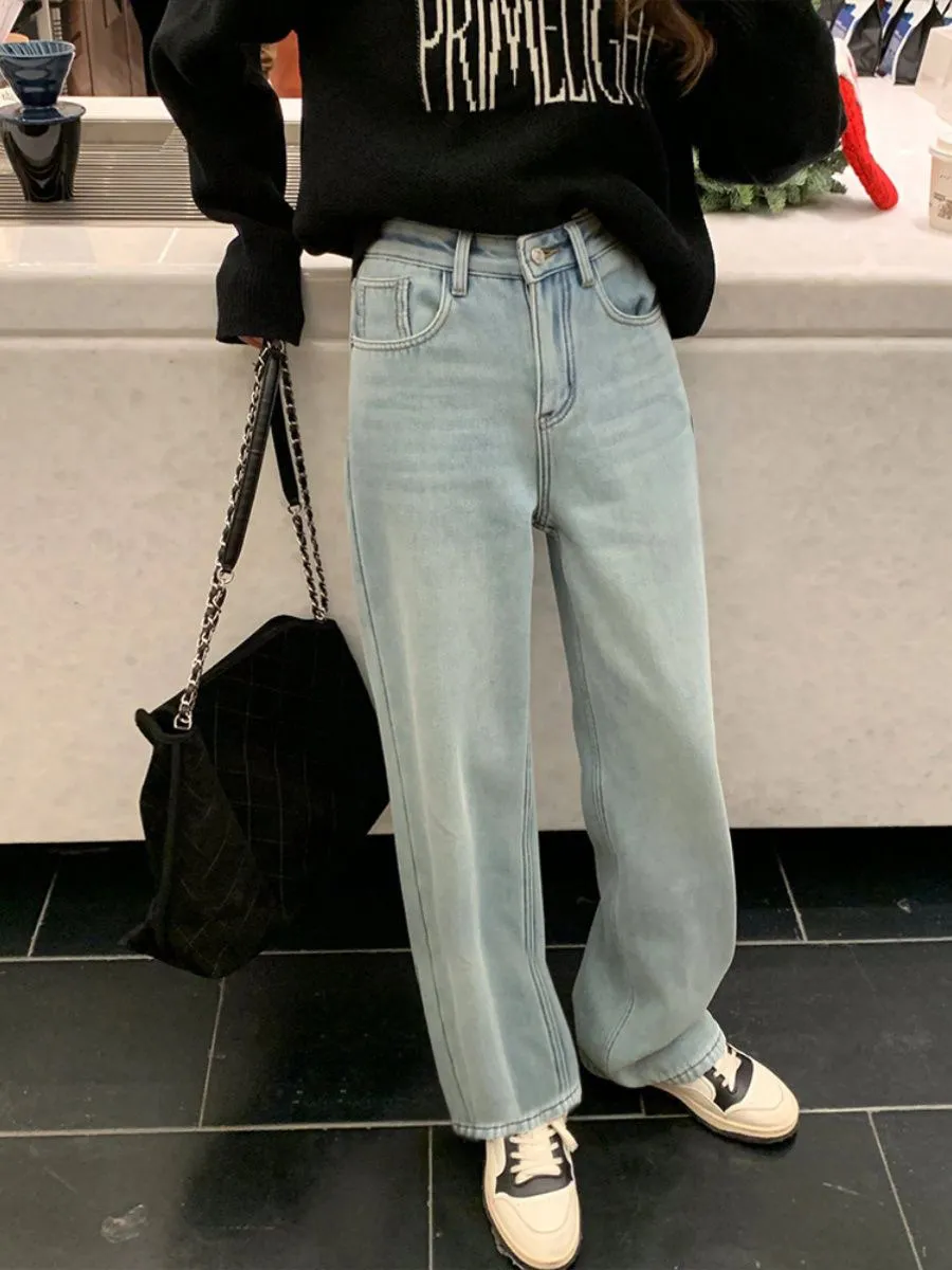 Fleece and Thickened High-waisted Narrow Version Straight-leg Jeans for Women's 2026 Autumn and Winter Loose and Thin Versatile