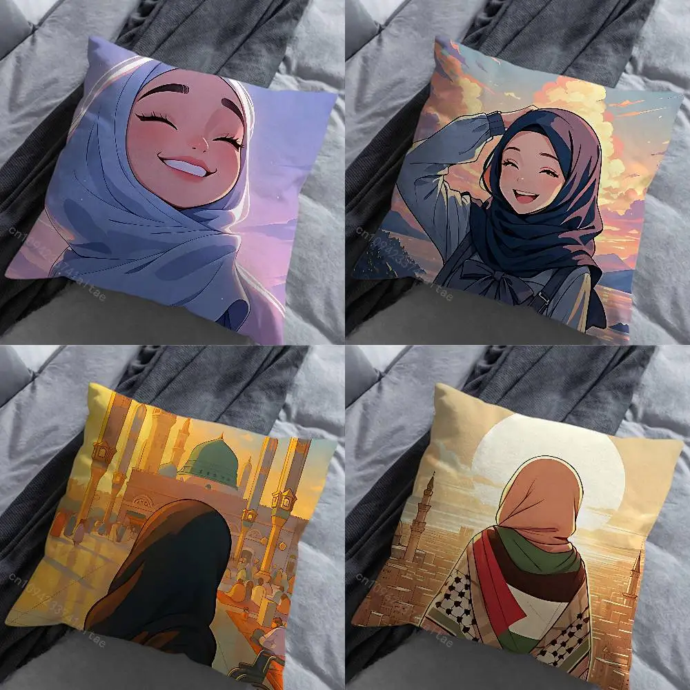 

Cartoon Arabic Muslim Girls Throw Pillow Case Living Room Sofa Cushion Cover For Home Bedroom Decoration Protector