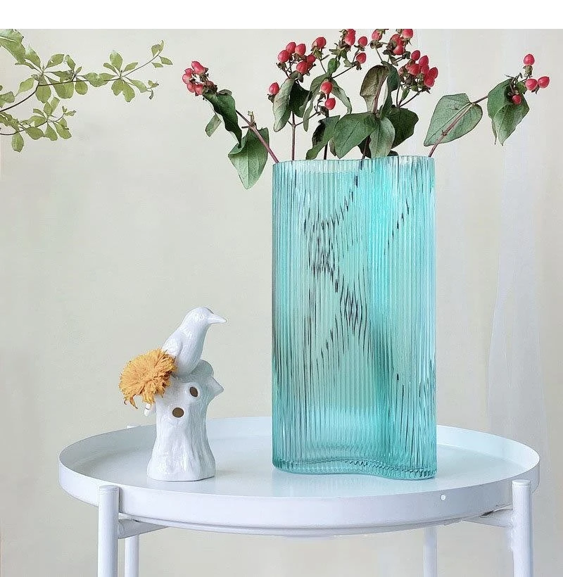 Large Diameter Vertical Grain Glass Vase Hydroponics Flower Pots Decorative Arrangement Desk Decoration Floral Vases