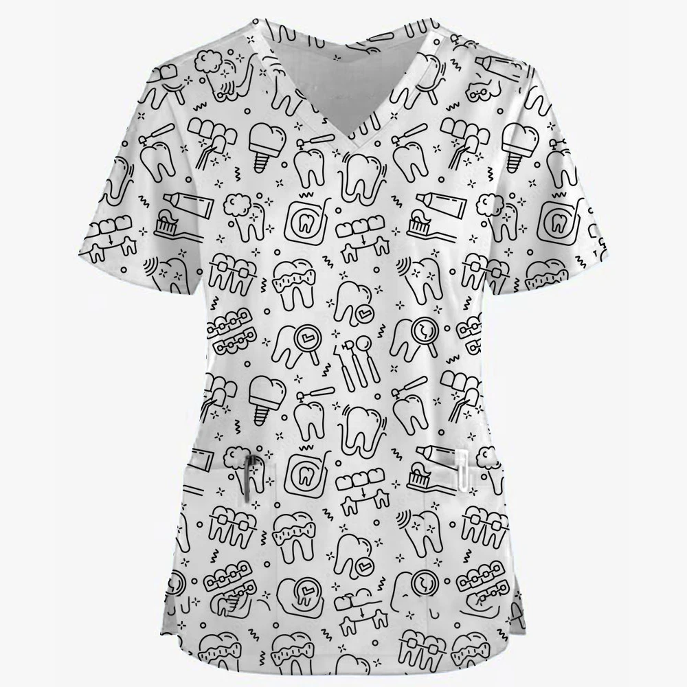 Damski mundurek pielęgniarski prosty nadruk gwiazdy 3D topy z kieszeniami w kształcie litery V mundurek medyczny fartuch chirurgiczny do karmienia topy odzież robocza